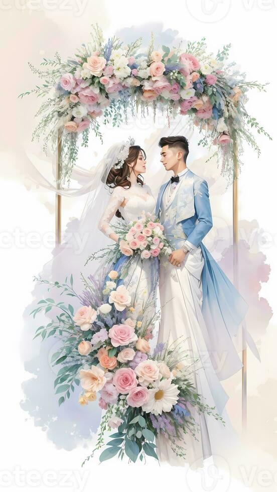 wedding couple with flower watercolor background photo