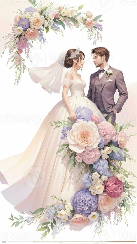 wedding couple with flower watercolor background photo