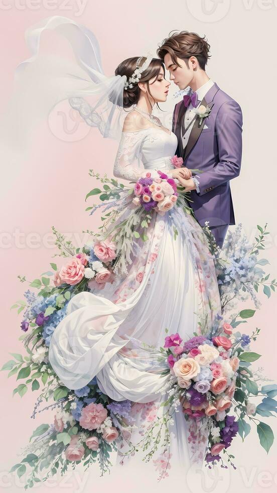 wedding couple with flower watercolor background photo