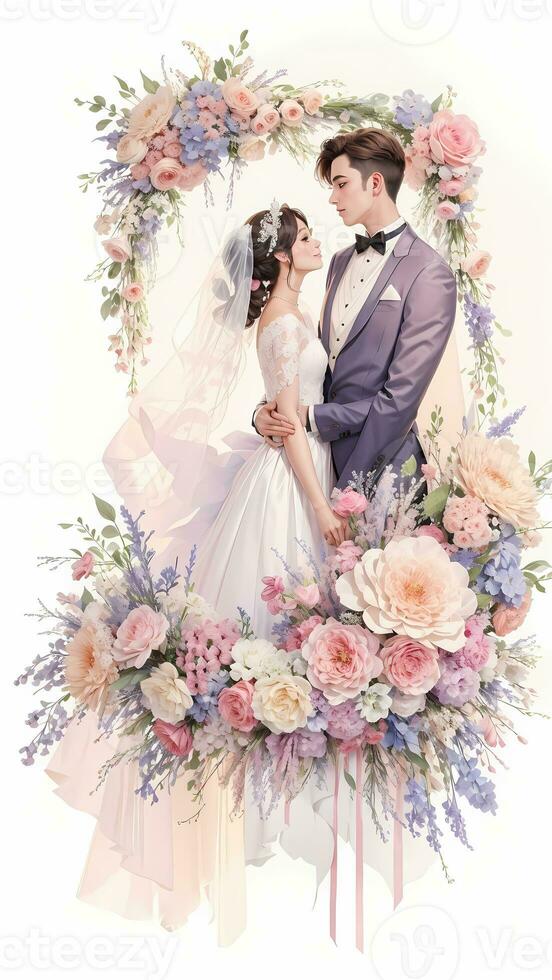 wedding couple with flower watercolor background photo