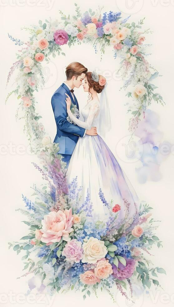 wedding couple with flower watercolor background photo