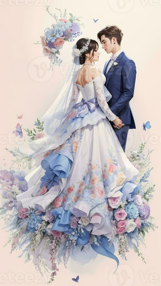 wedding couple with flower watercolor background photo