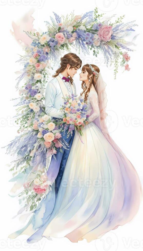 wedding couple with flower watercolor background photo