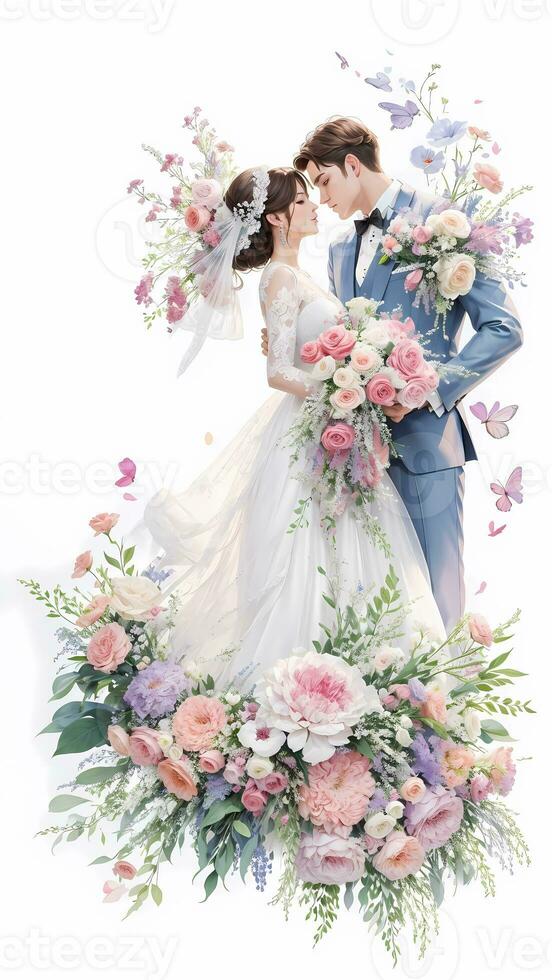 wedding couple with flower watercolor background photo