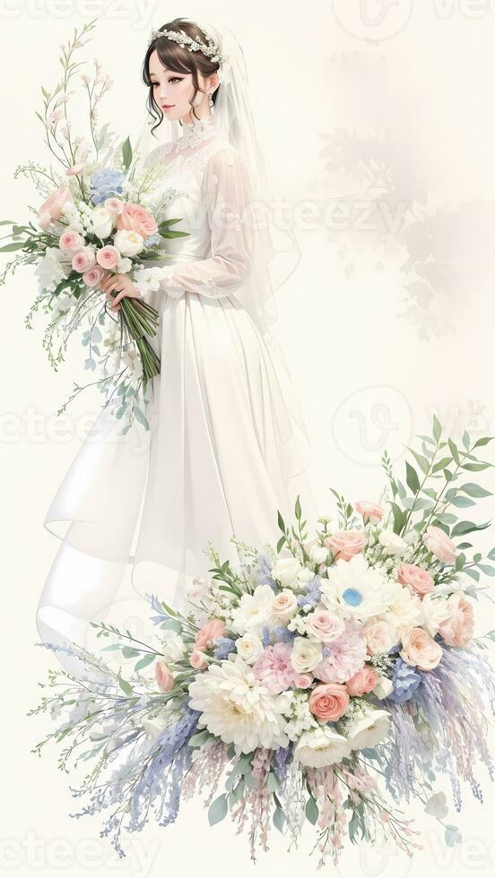 wedding couple with flower watercolor background photo