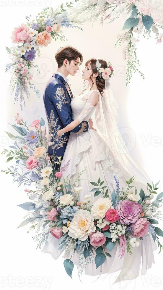 wedding couple with flower watercolor background photo