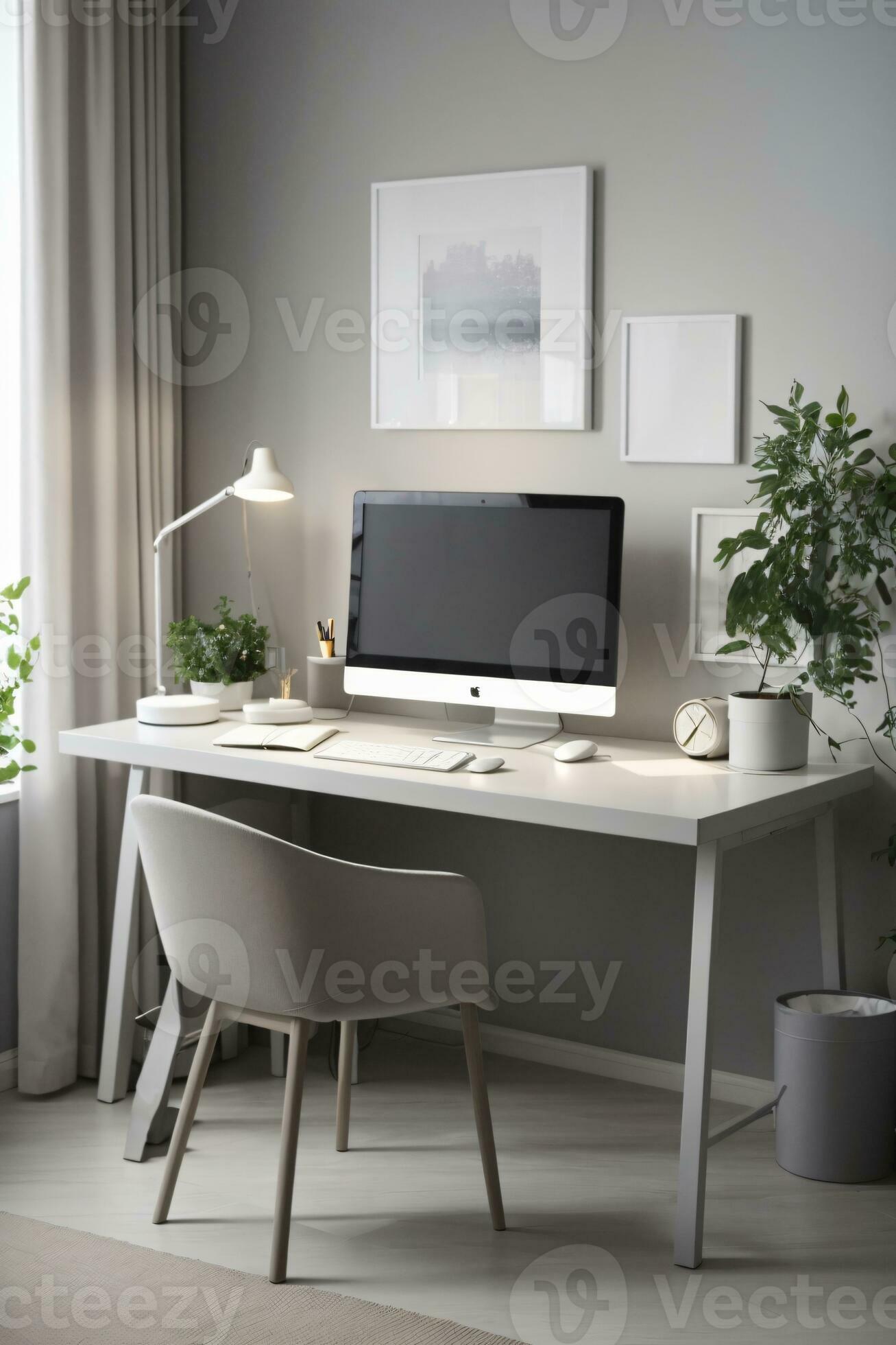 minimal home office desk setup with grey neutral colors 29634723 Stock