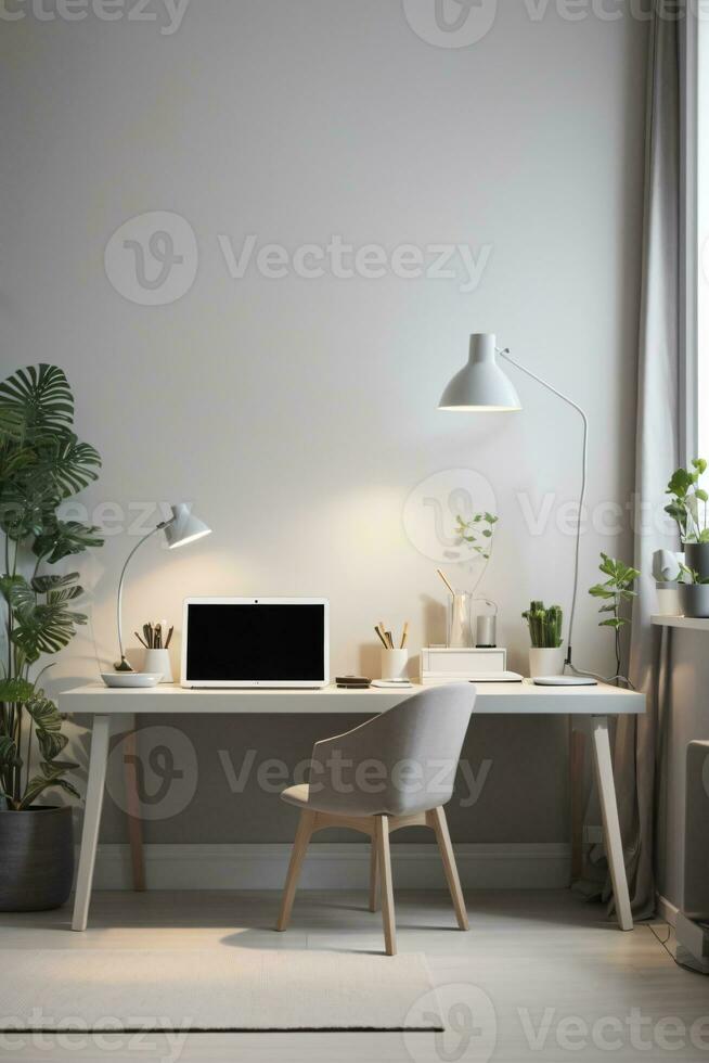 minimal home office desk setup with grey neutral colors photo