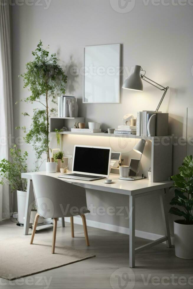 minimal home office desk setup with grey neutral colors photo