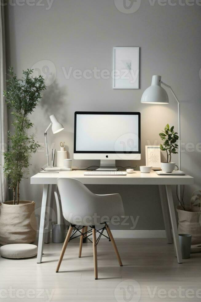 minimal home office desk setup with grey neutral colors photo