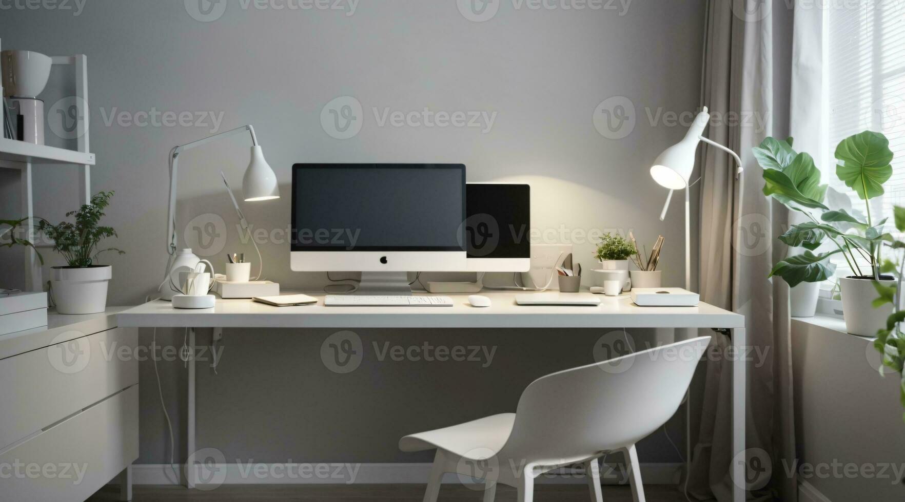 minimal home office desk setup with grey neutral colors photo