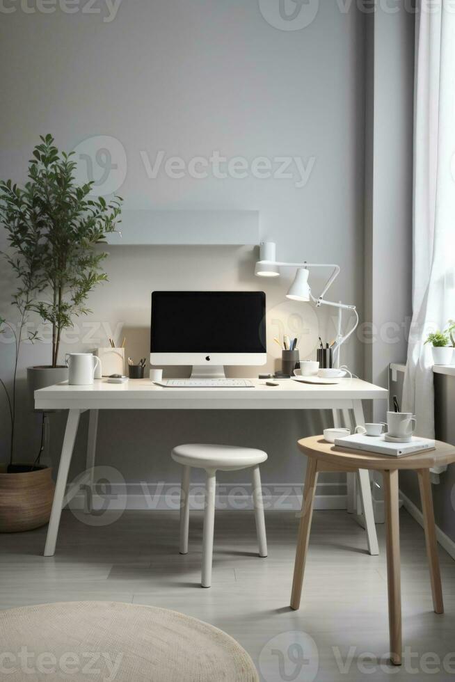 minimal home office desk setup with grey neutral colors photo