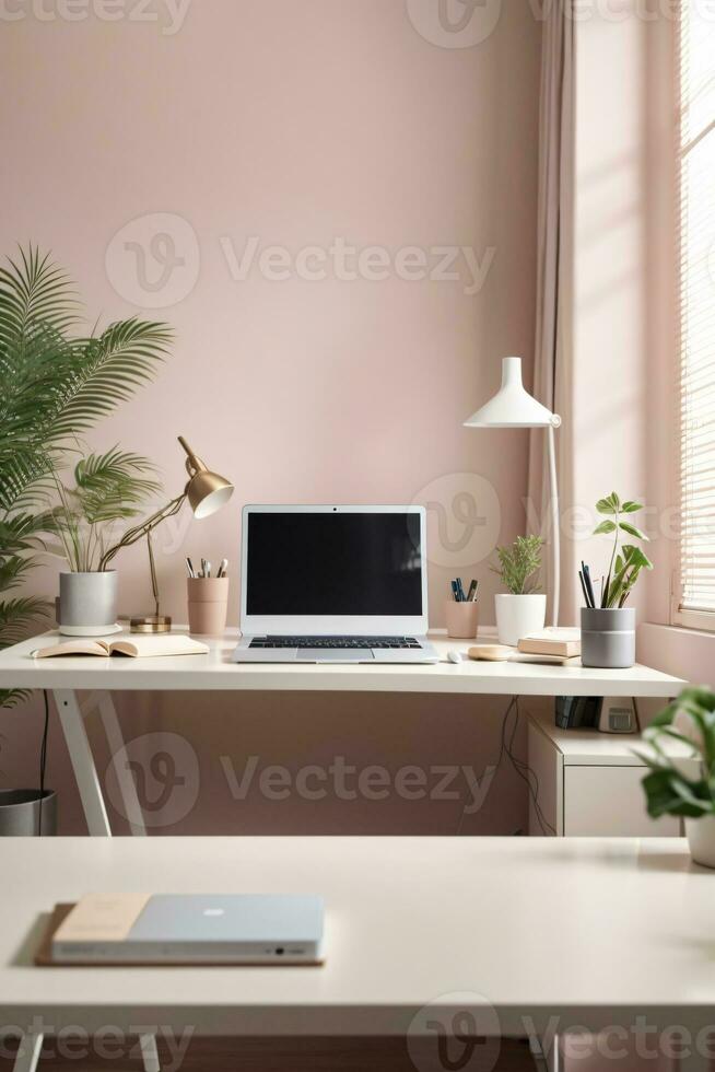 minimalist soft pastel color desk setup interior home office photo