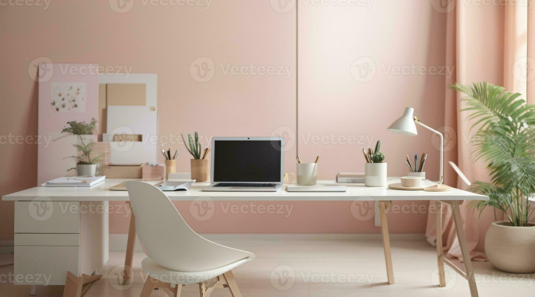 minimalist soft pastel color desk setup interior home office photo