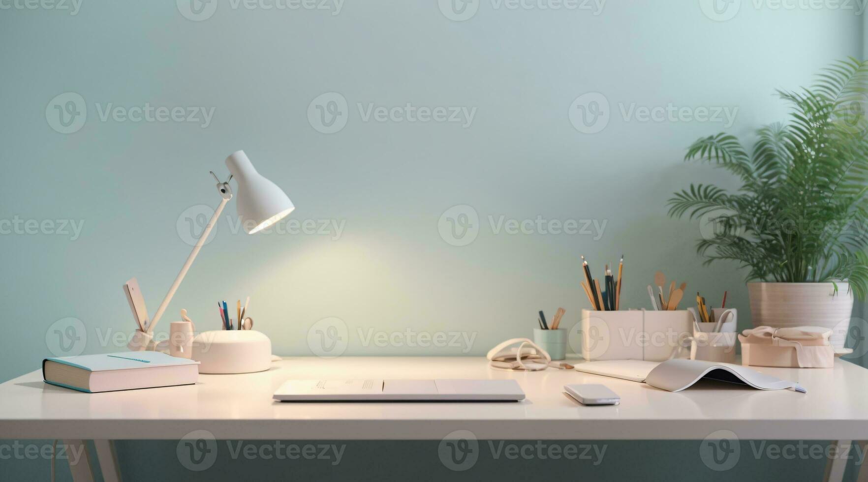 minimalist soft pastel color desk setup interior home office photo