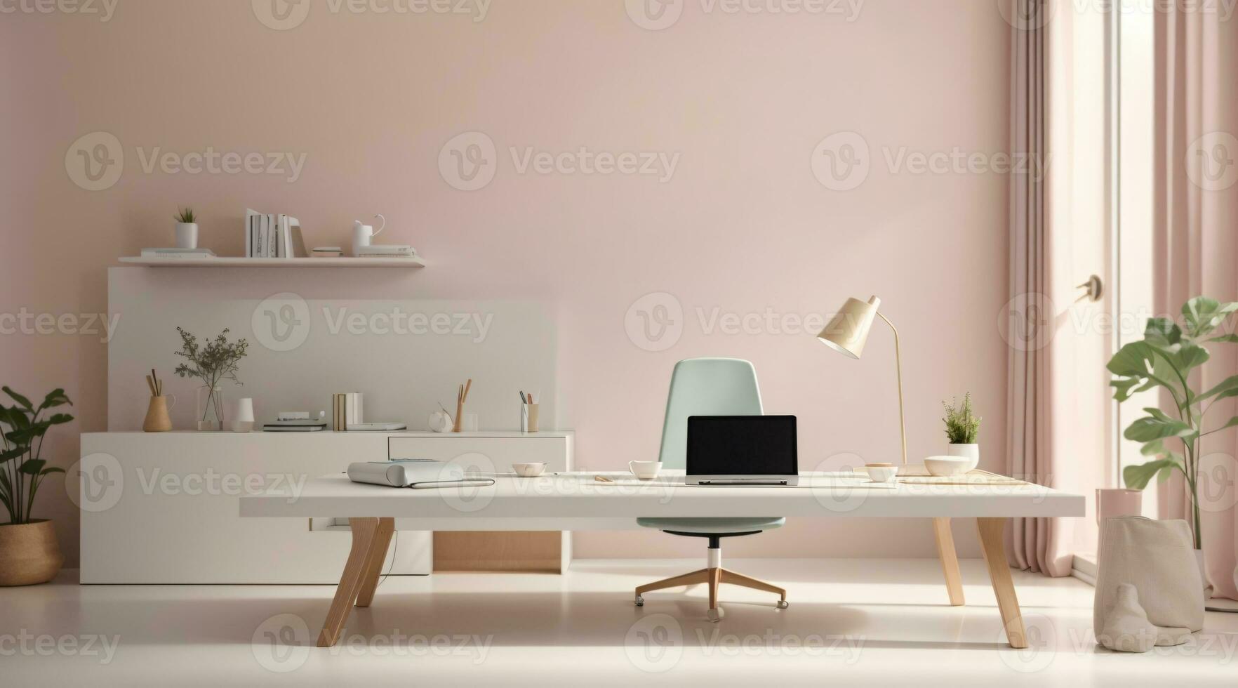 minimalist soft pastel color desk setup interior home office photo