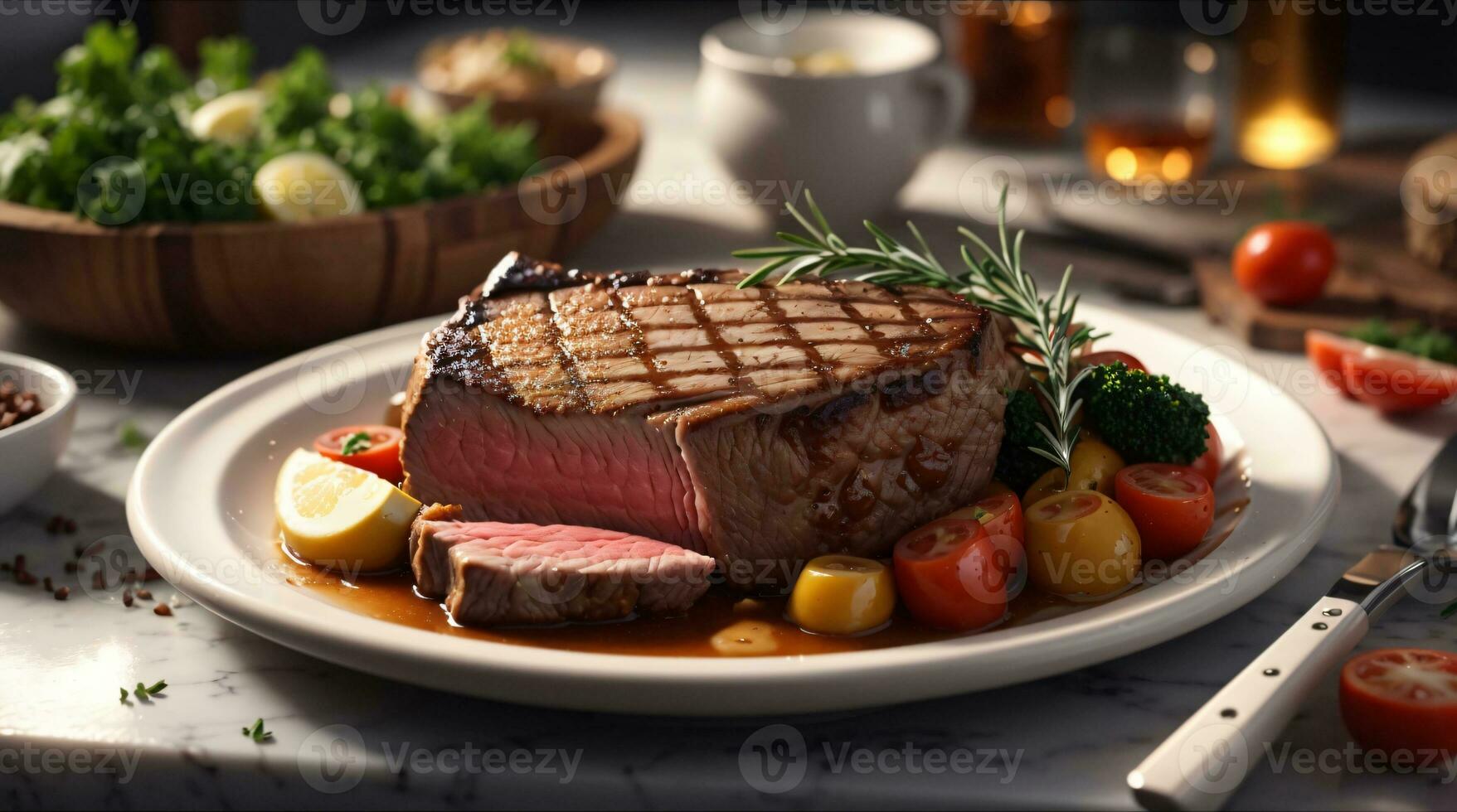 Grilled medium sirloin steak on white plate and wooden table photo