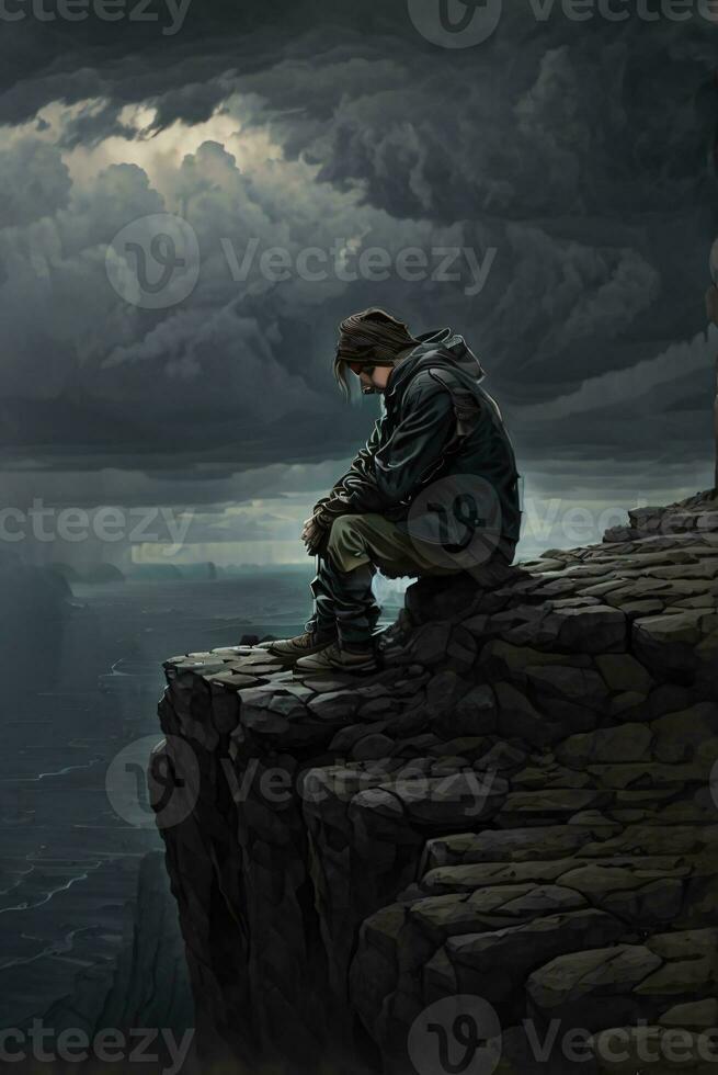 man suffering illustration on the cliff photo