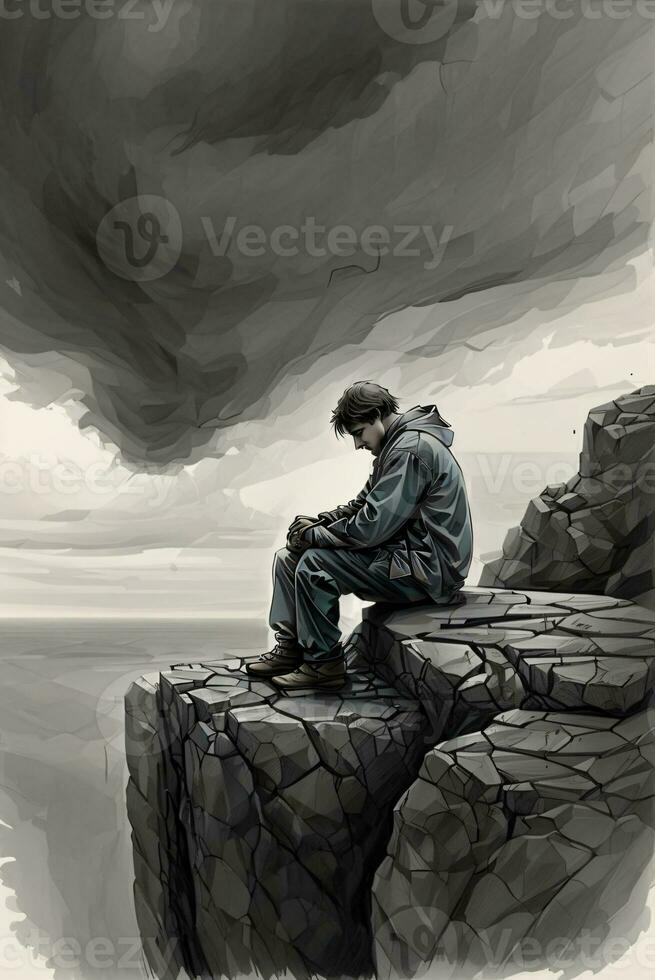 man suffering illustration on the cliff photo