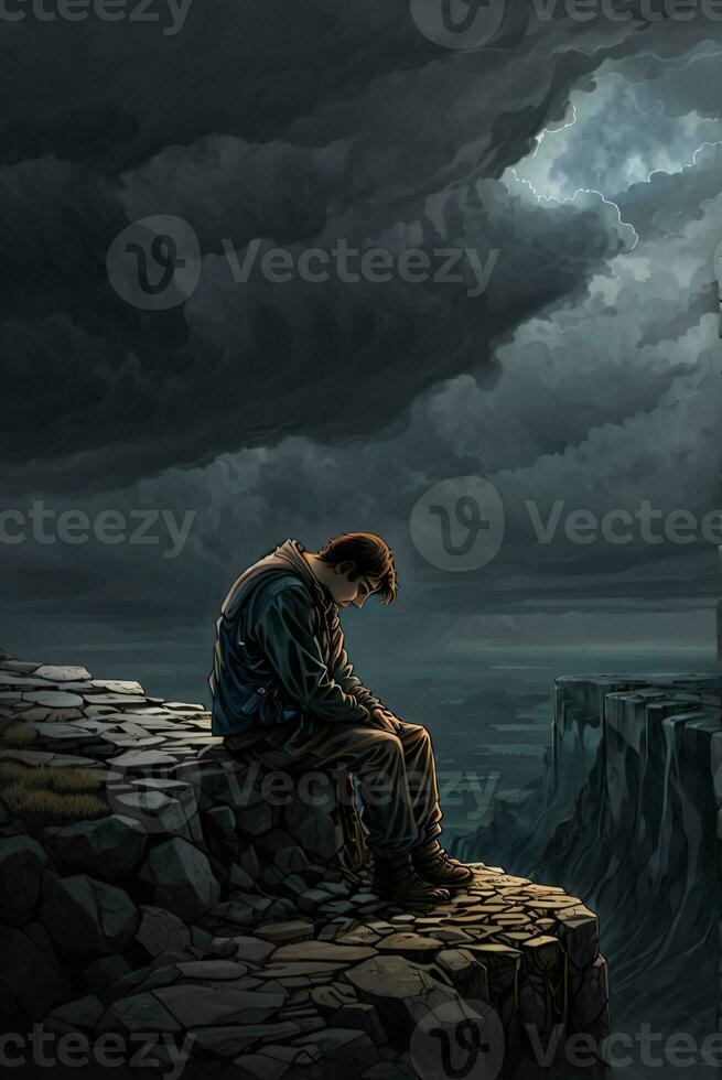 man suffering illustration on the cliff photo