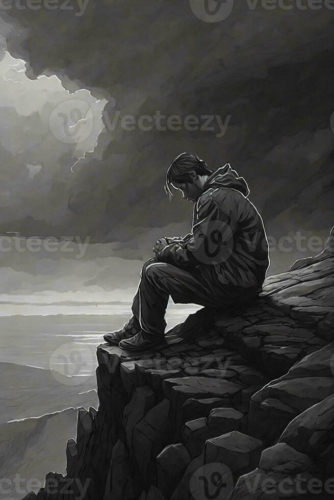 man suffering illustration on the cliff photo