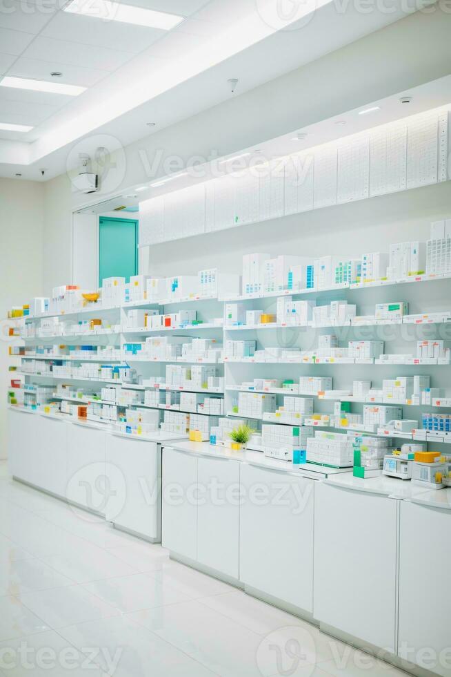 Counter store table pharmacy background shelf drug medical shop drugstore photo