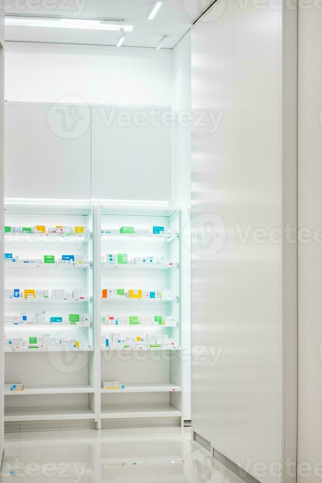 Counter store table pharmacy background shelf drug medical shop drugstore photo