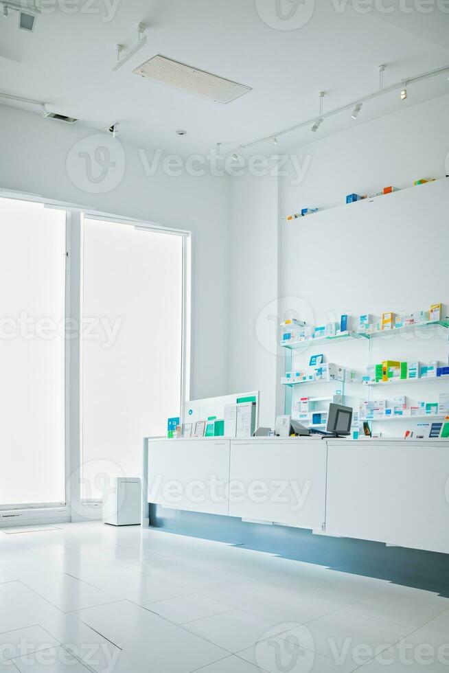 Counter store table pharmacy background shelf drug medical shop drugstore photo