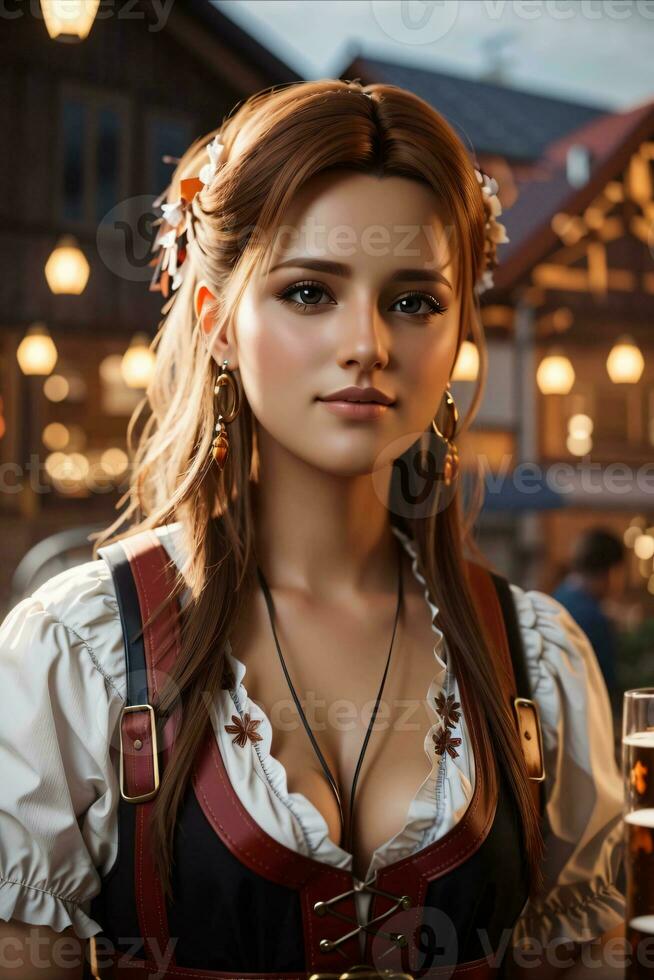 happy bavarian woman holding beer mugs on octoberfest photo