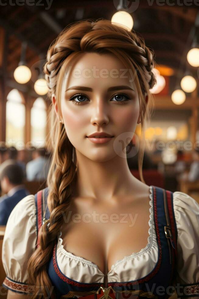 happy bavarian woman holding beer mugs on octoberfest photo