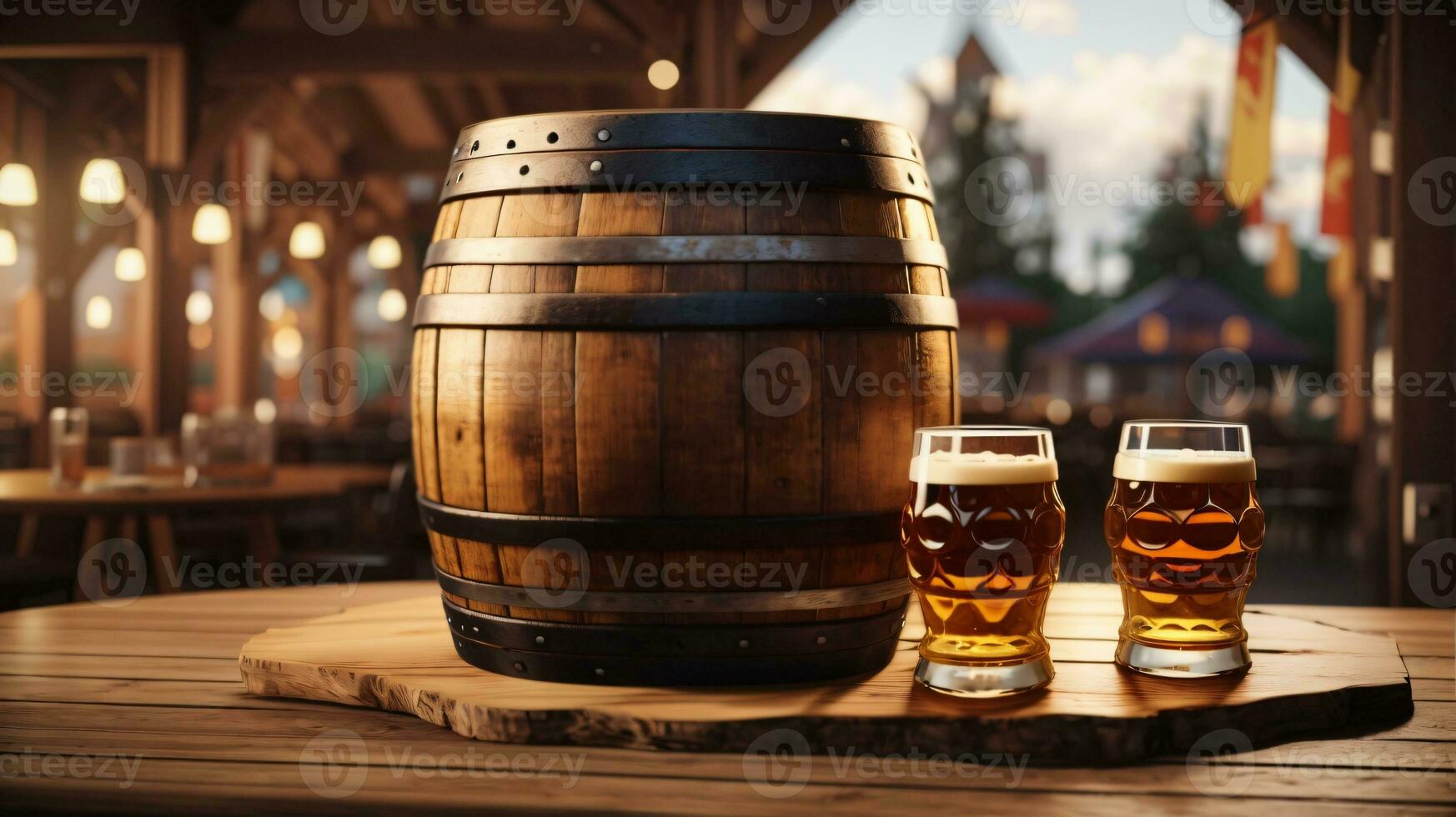 realistic oktoberfest beer barrel with beer glasses on wooden table photo