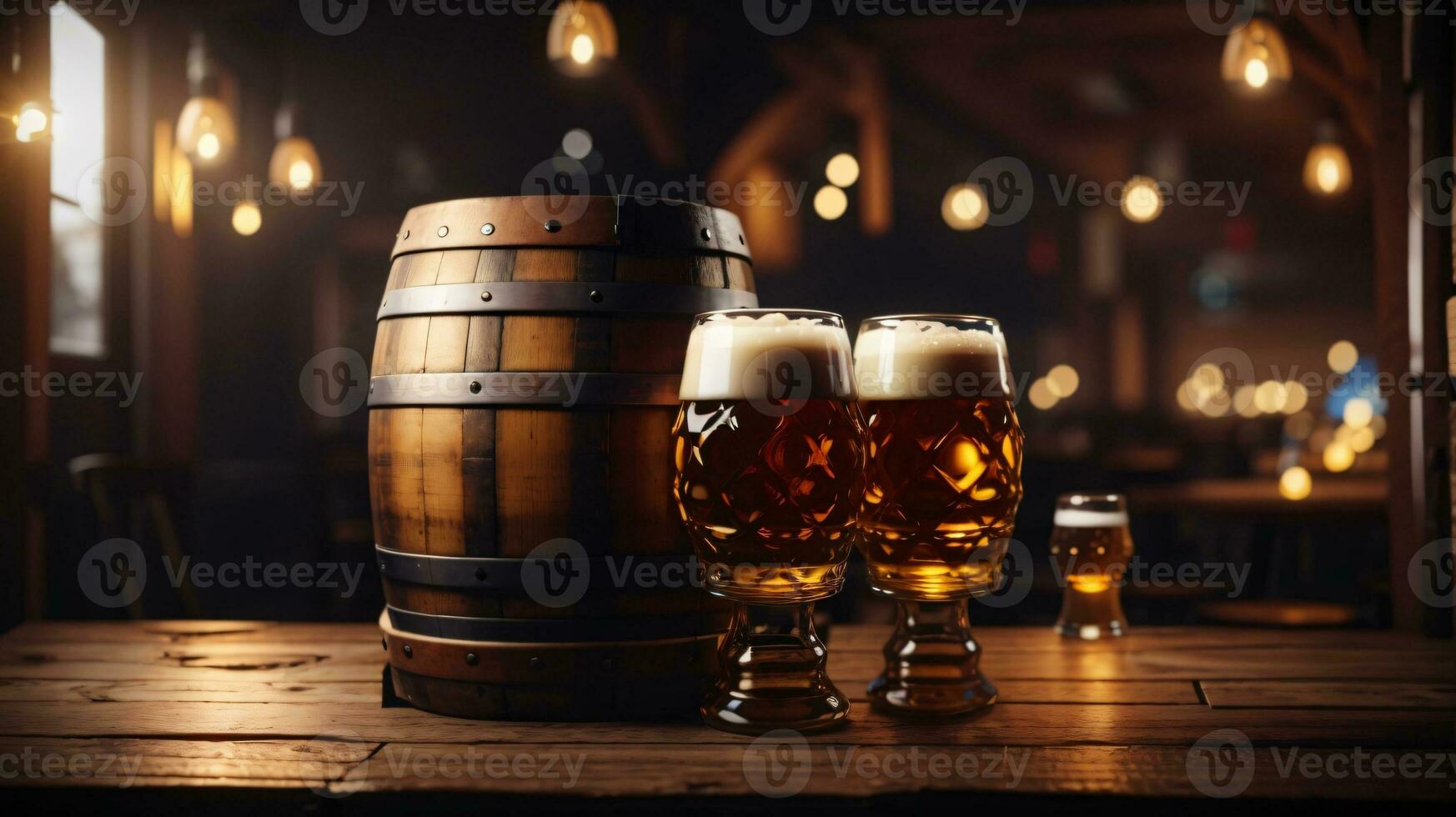 realista Oktoberfest cerveza barril con cerveza lentes en de madera mesa foto