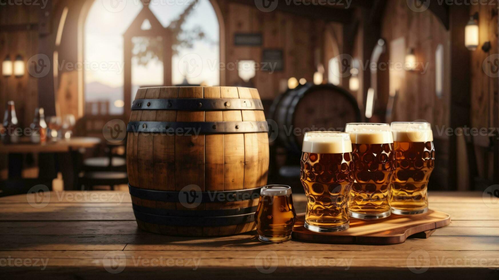 realista Oktoberfest cerveza barril con cerveza lentes en de madera mesa foto