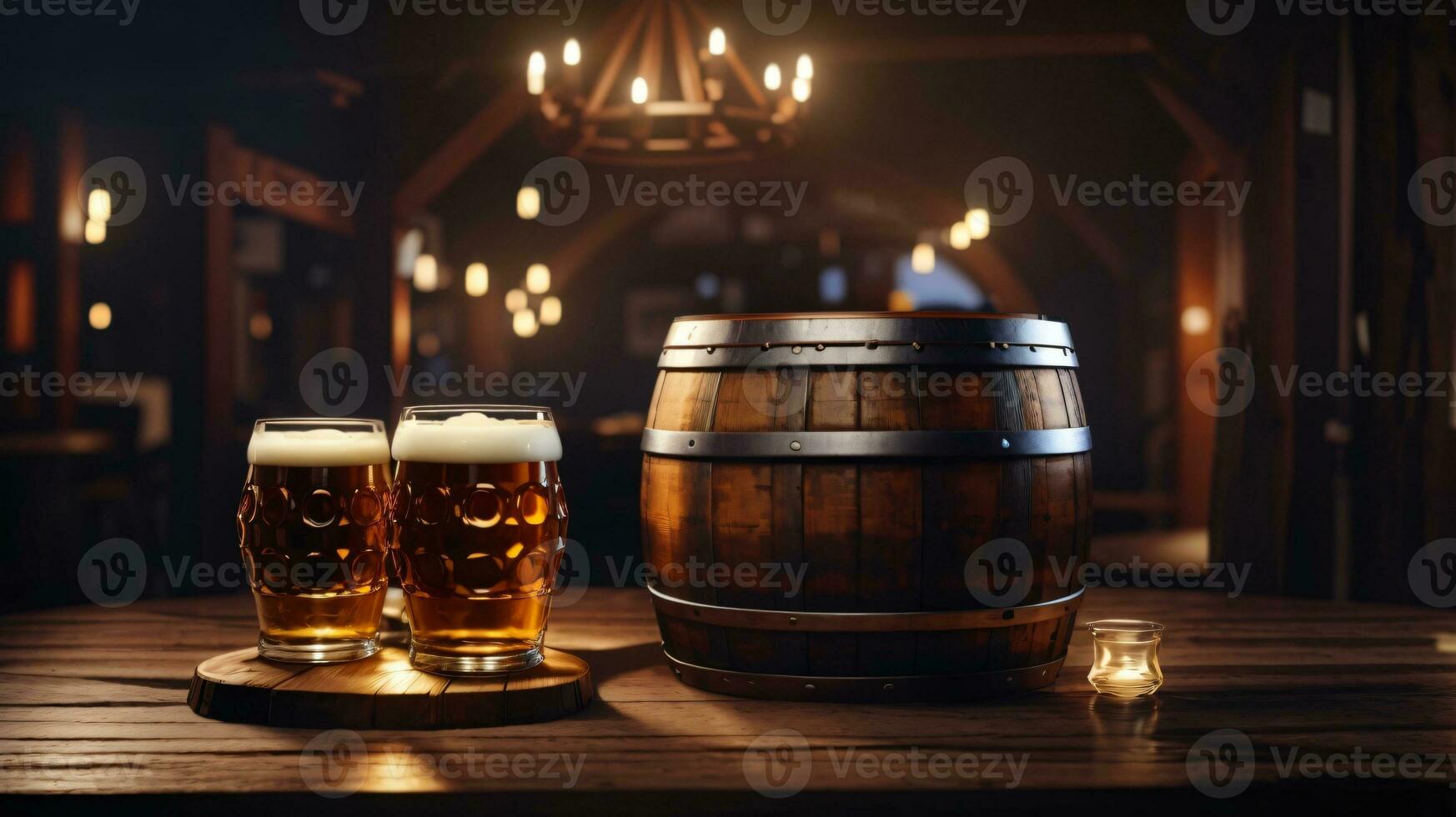 realista Oktoberfest cerveza barril con cerveza lentes en de madera mesa foto