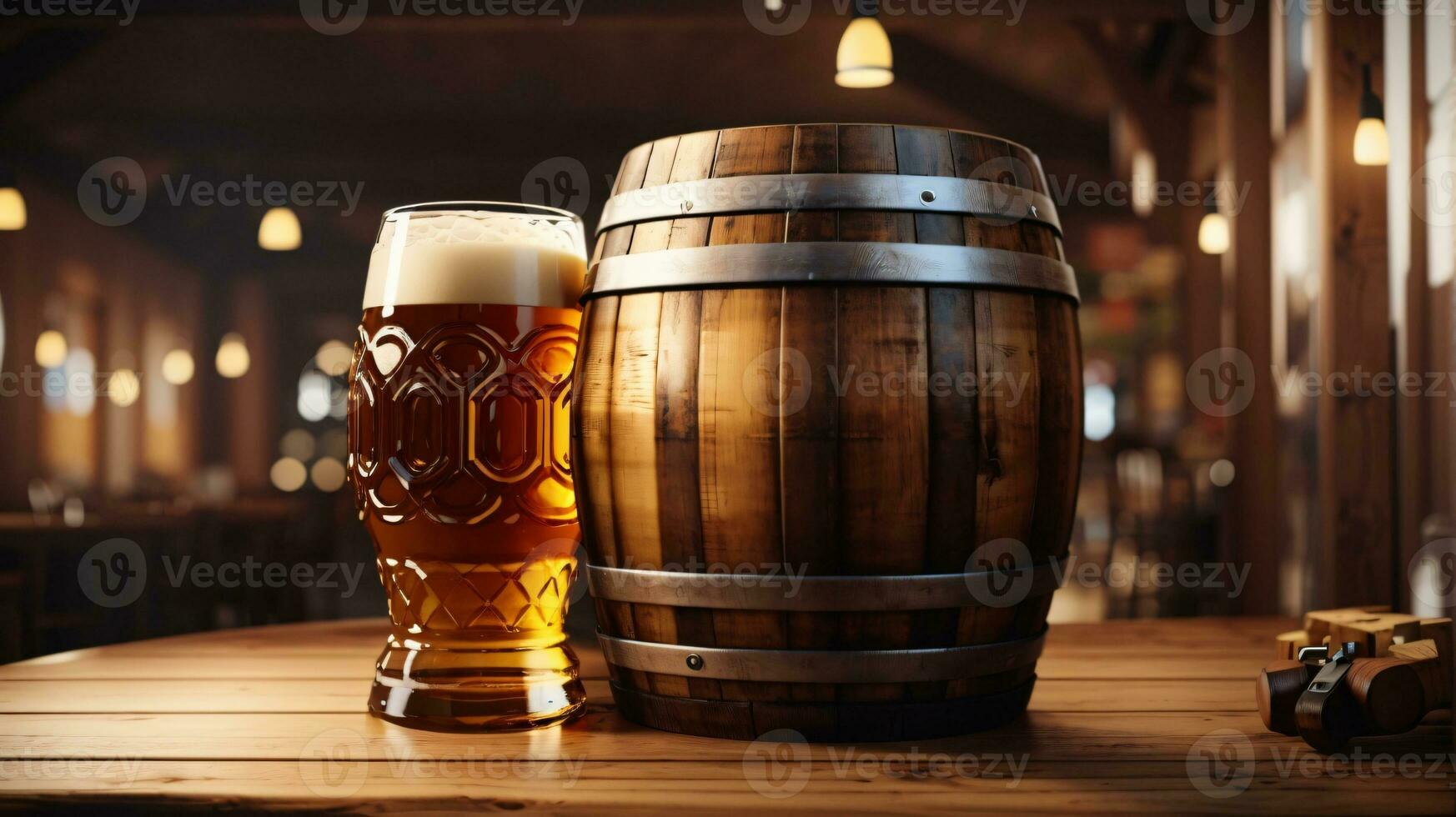 realista Oktoberfest cerveza barril con cerveza lentes en de madera mesa foto