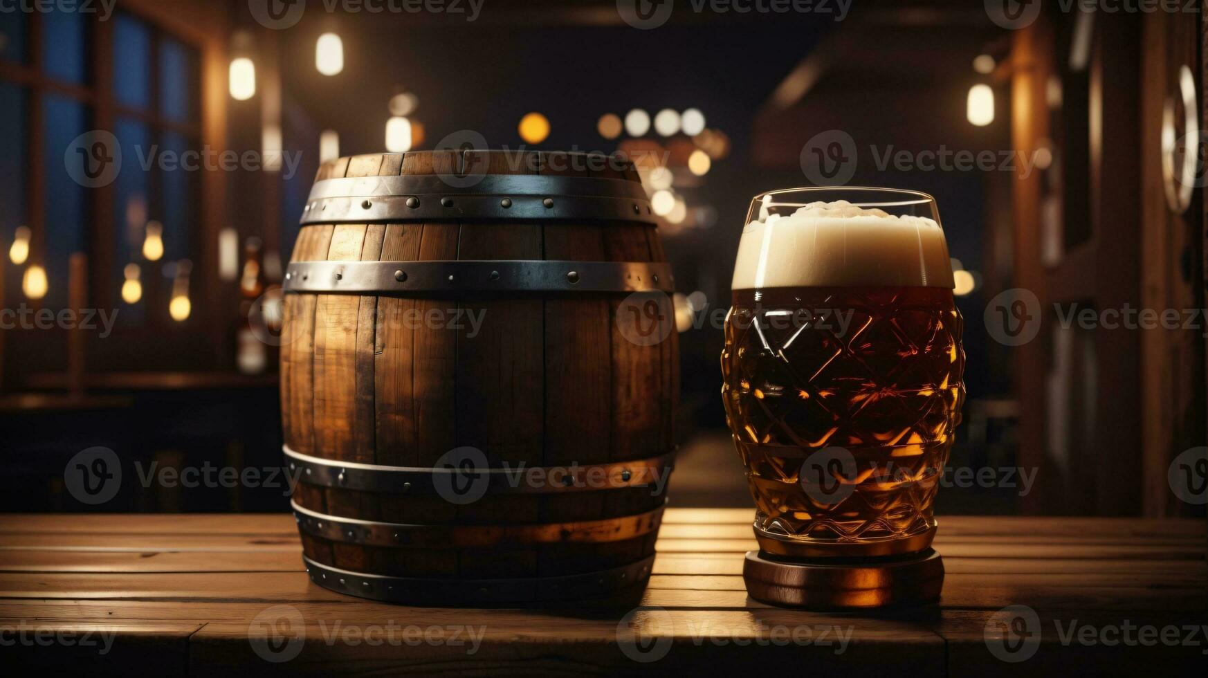 realistic oktoberfest beer barrel with beer glasses on wooden table photo