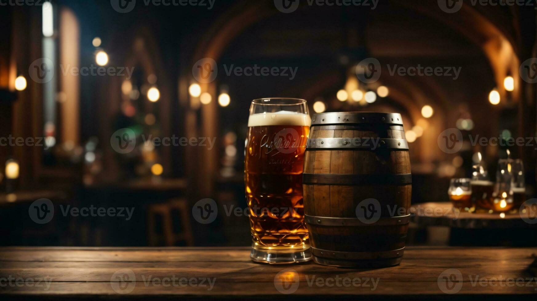 realistic oktoberfest beer barrel with beer glasses on wooden table photo