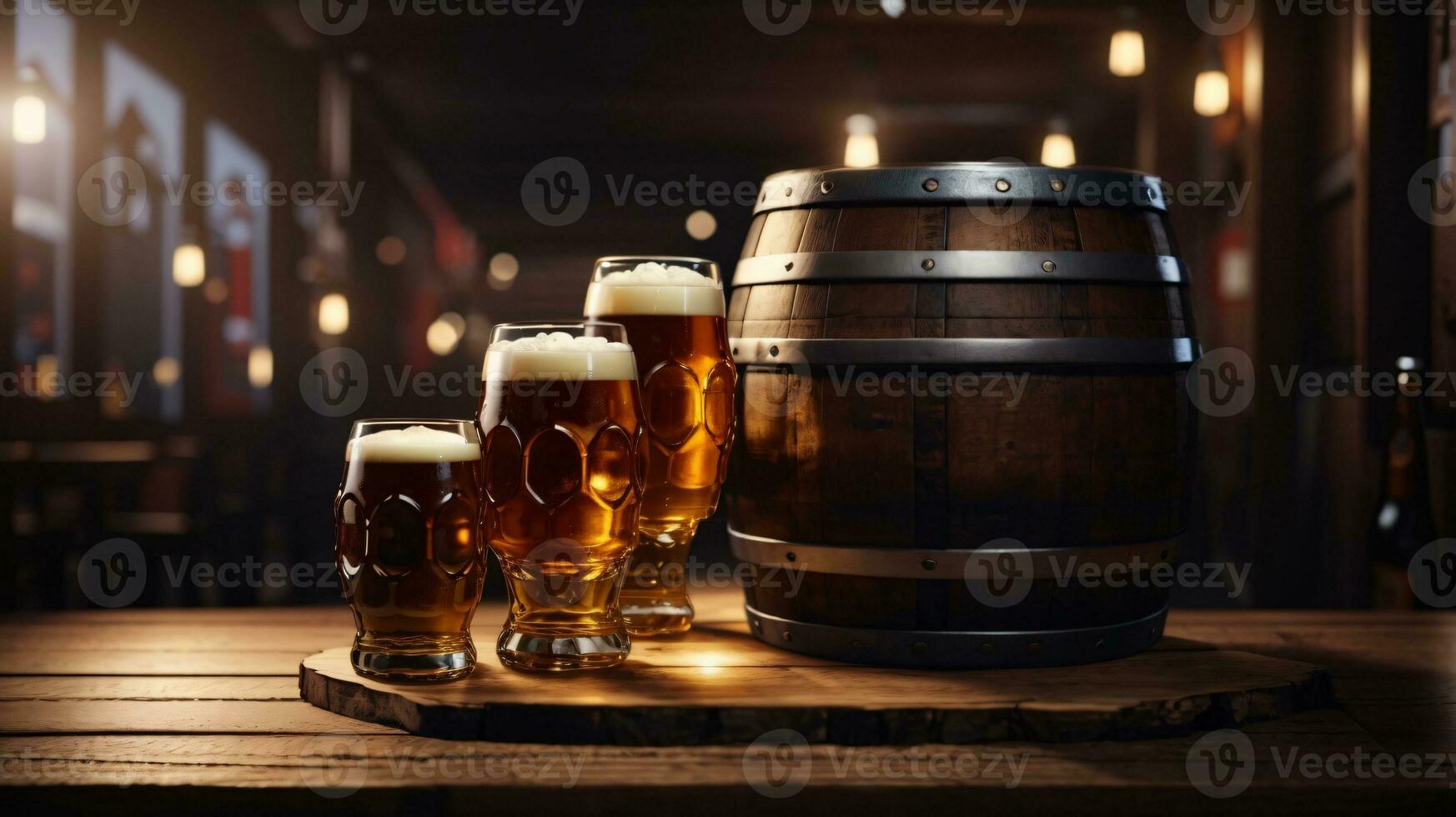 realista Oktoberfest cerveza barril con cerveza lentes en de madera mesa foto