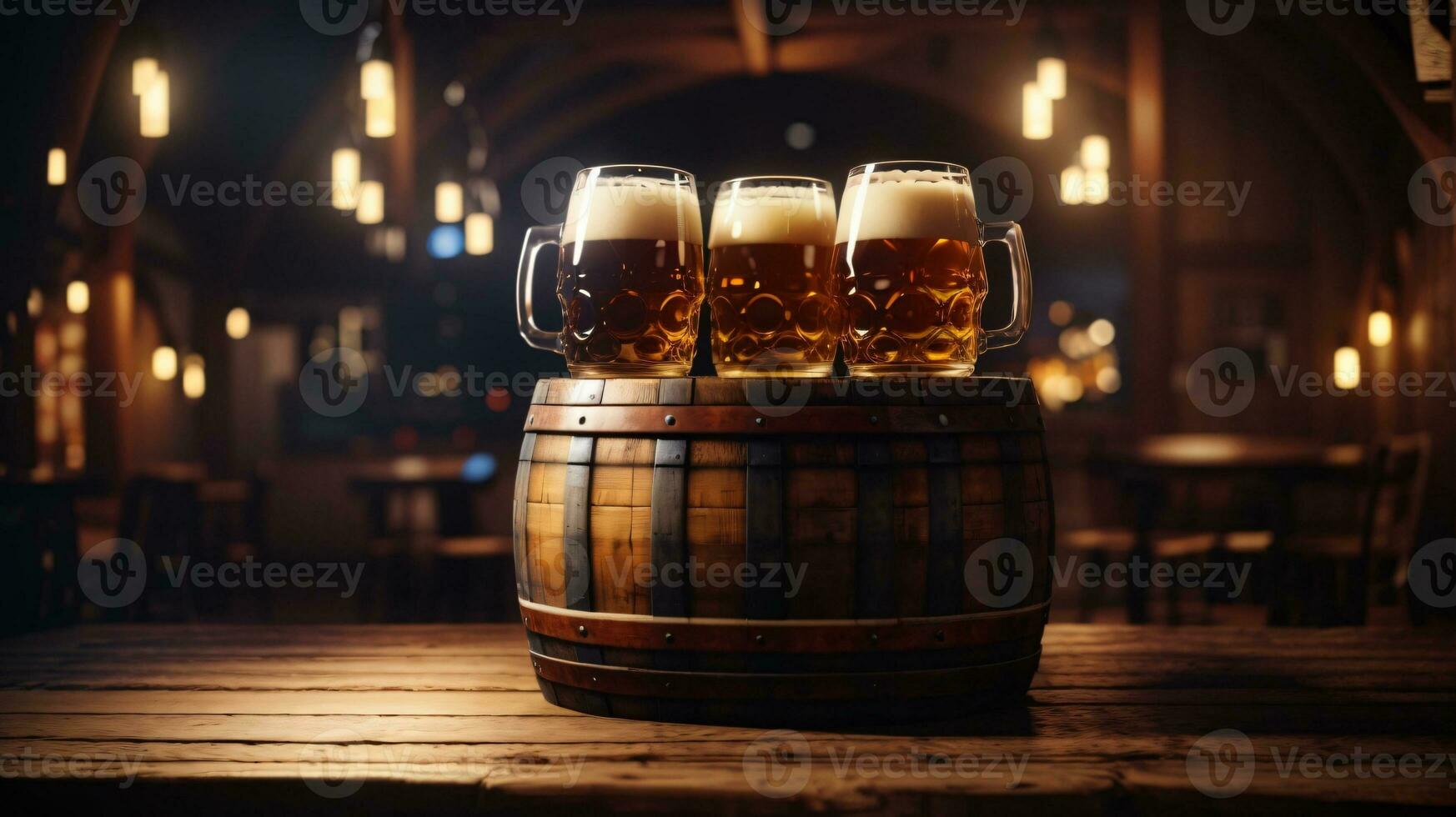 realista Oktoberfest cerveza barril con cerveza lentes en de madera mesa foto