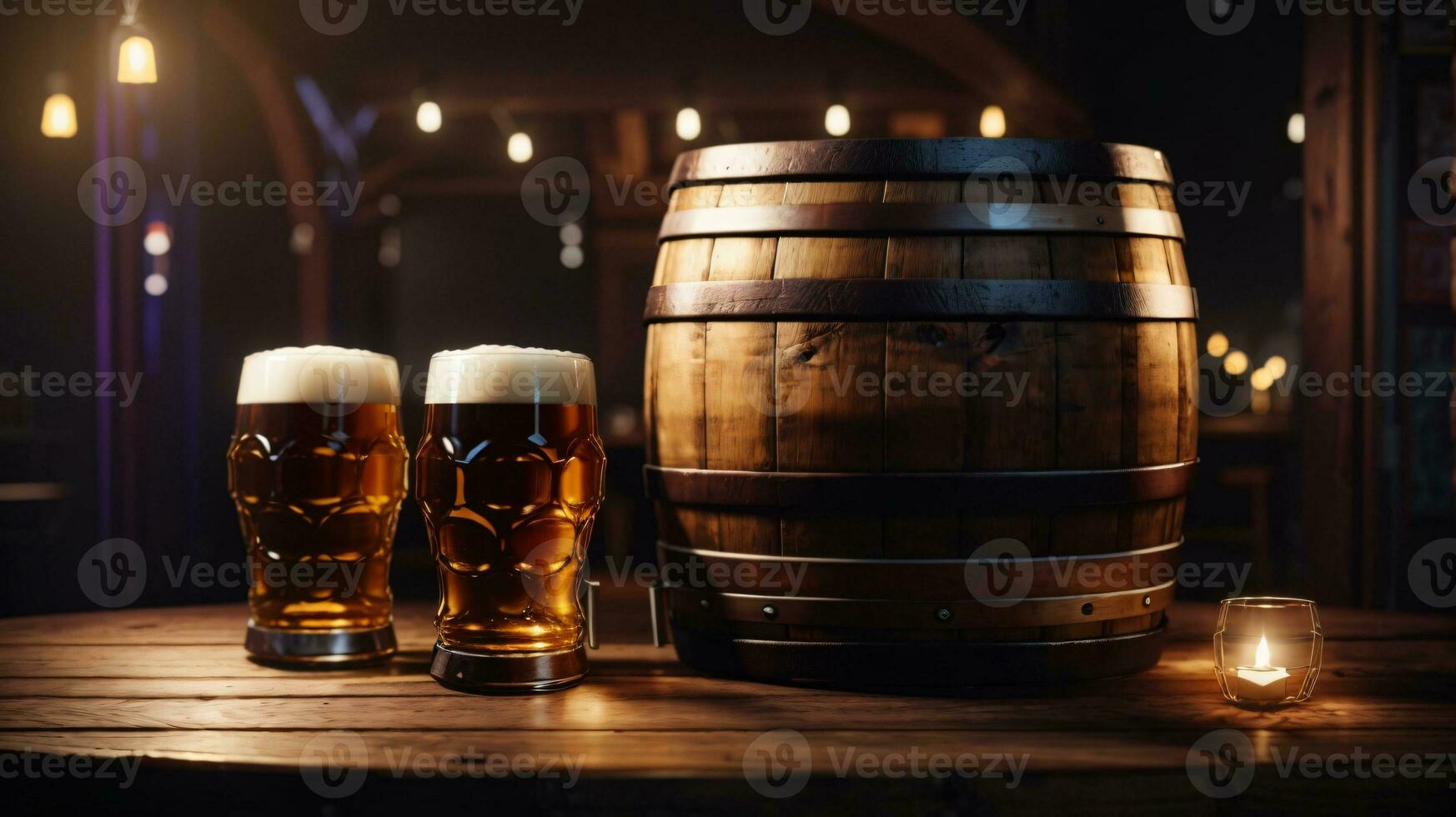 realistic oktoberfest beer barrel with beer glasses on wooden table photo