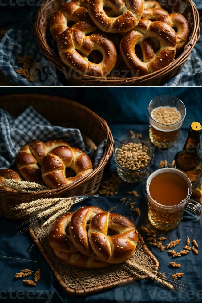 oktoberfest arrangement with delicious pretzel and beer festival photo