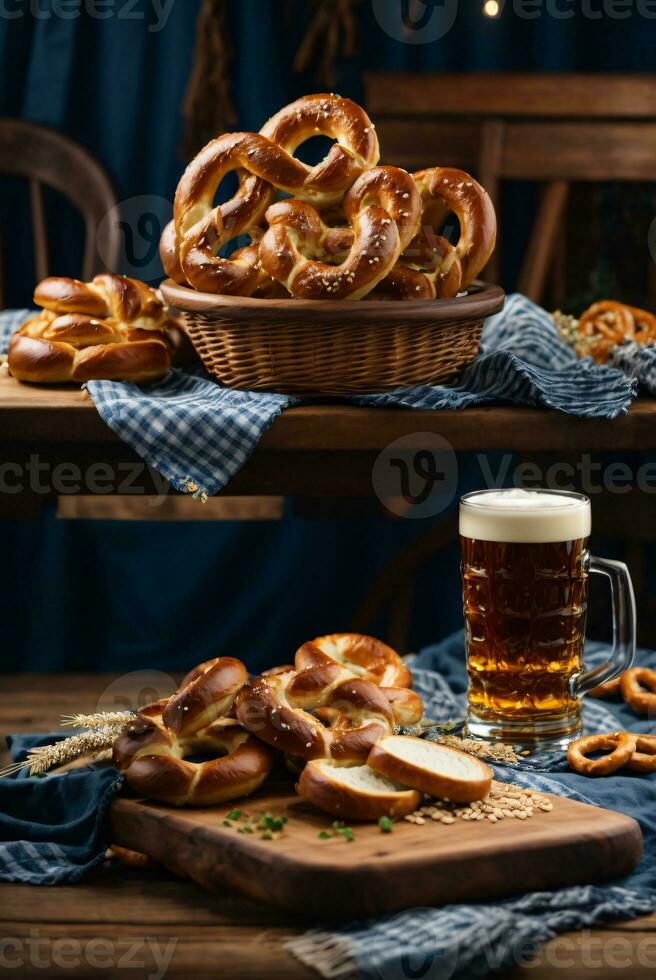 oktoberfest arrangement with delicious pretzel and beer festival photo