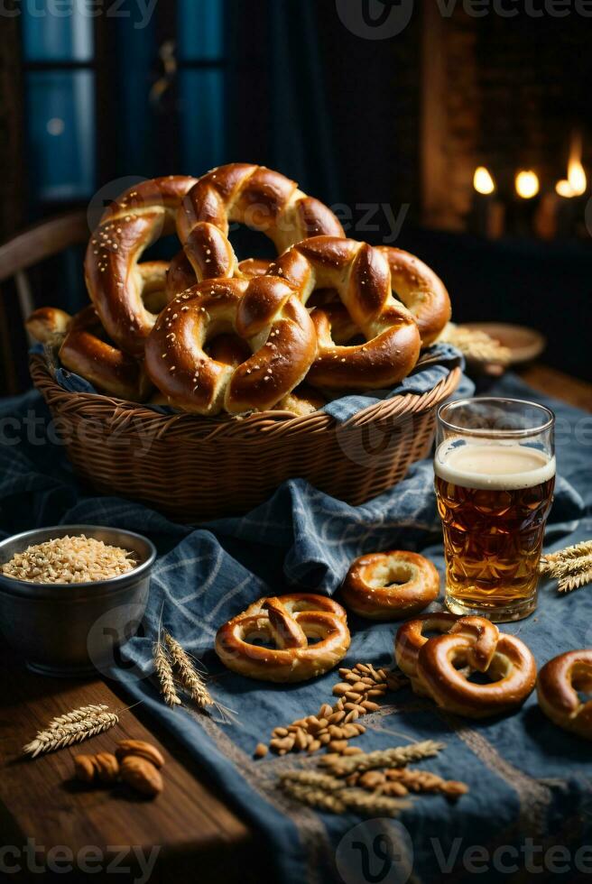 Oktoberfest arreglo con delicioso galleta salada y cerveza festival foto