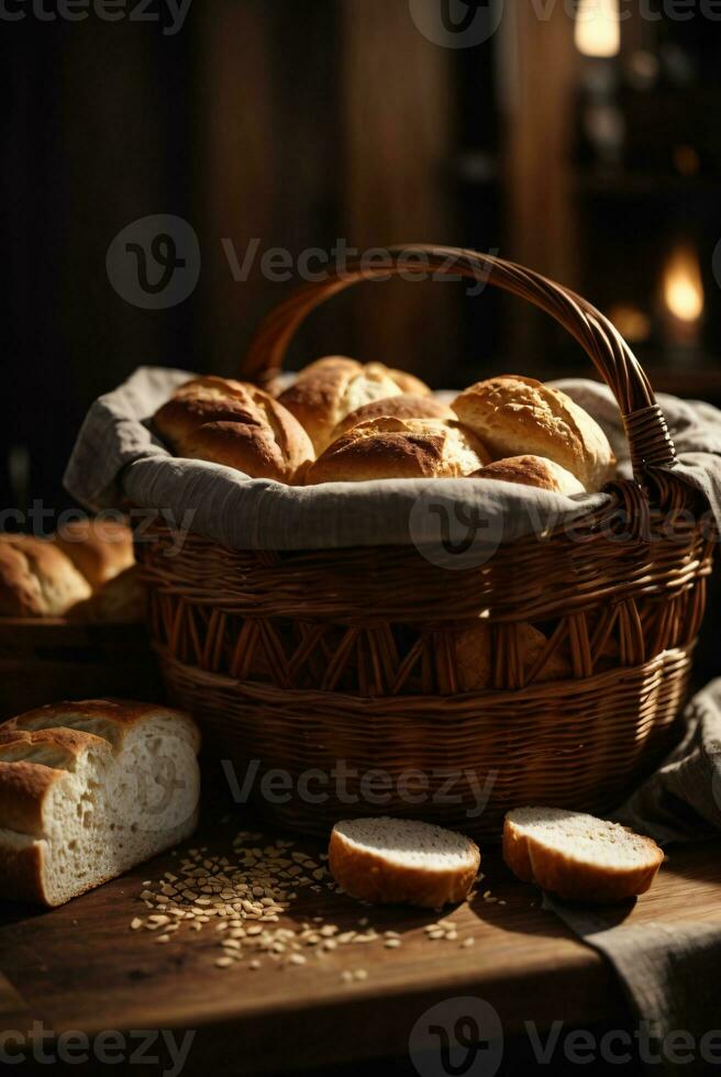 foto conjunto de varios un pan en oscuro ambiente de madera mesa