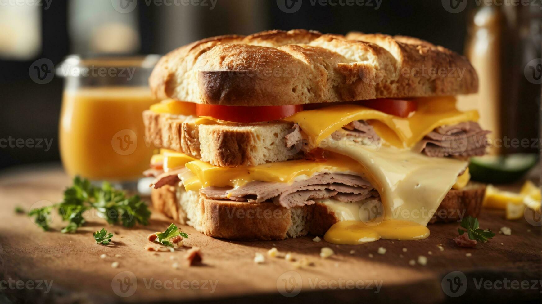 emparedado con mezclado ingredientes y francés papas fritas en un de madera tablero foto