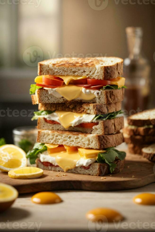 sandwich with mixed ingredients and french fries on a wooden board photo