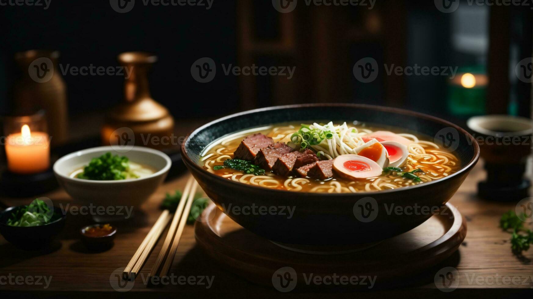 photo of ramen soup with noodles soft egg and chashu pork on a dark background