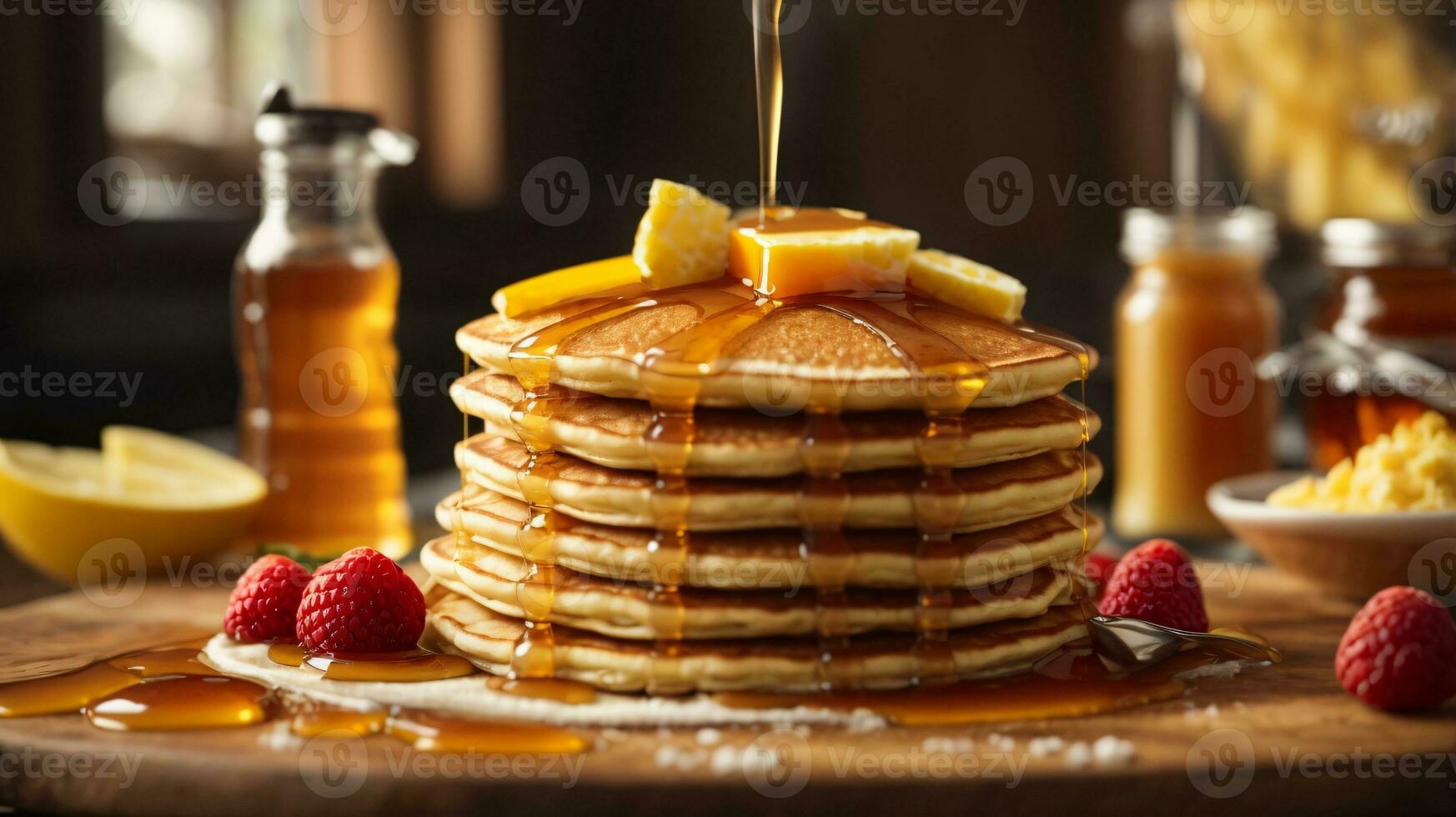 breakfast pancakes on plate with honey and berries photo