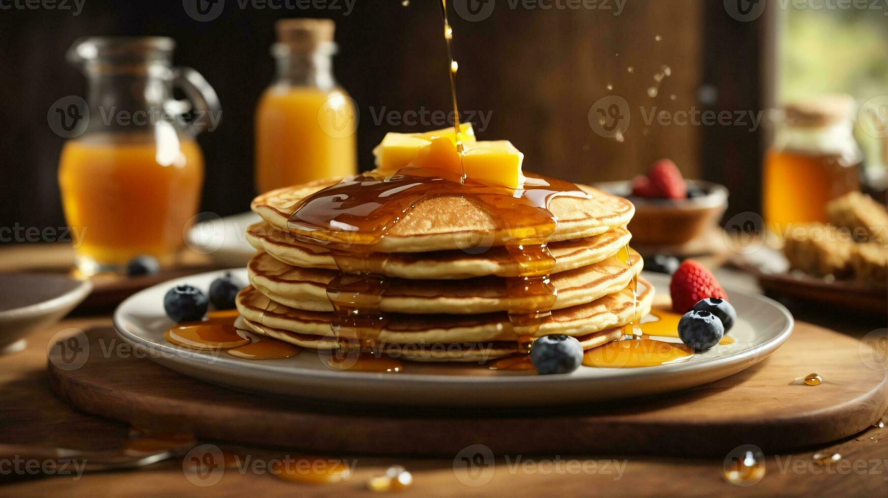 breakfast pancakes on plate with honey and berries photo