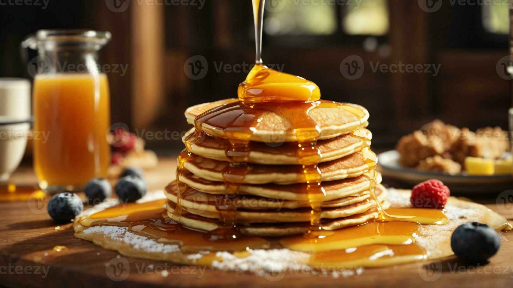 breakfast pancakes on plate with honey and berries photo